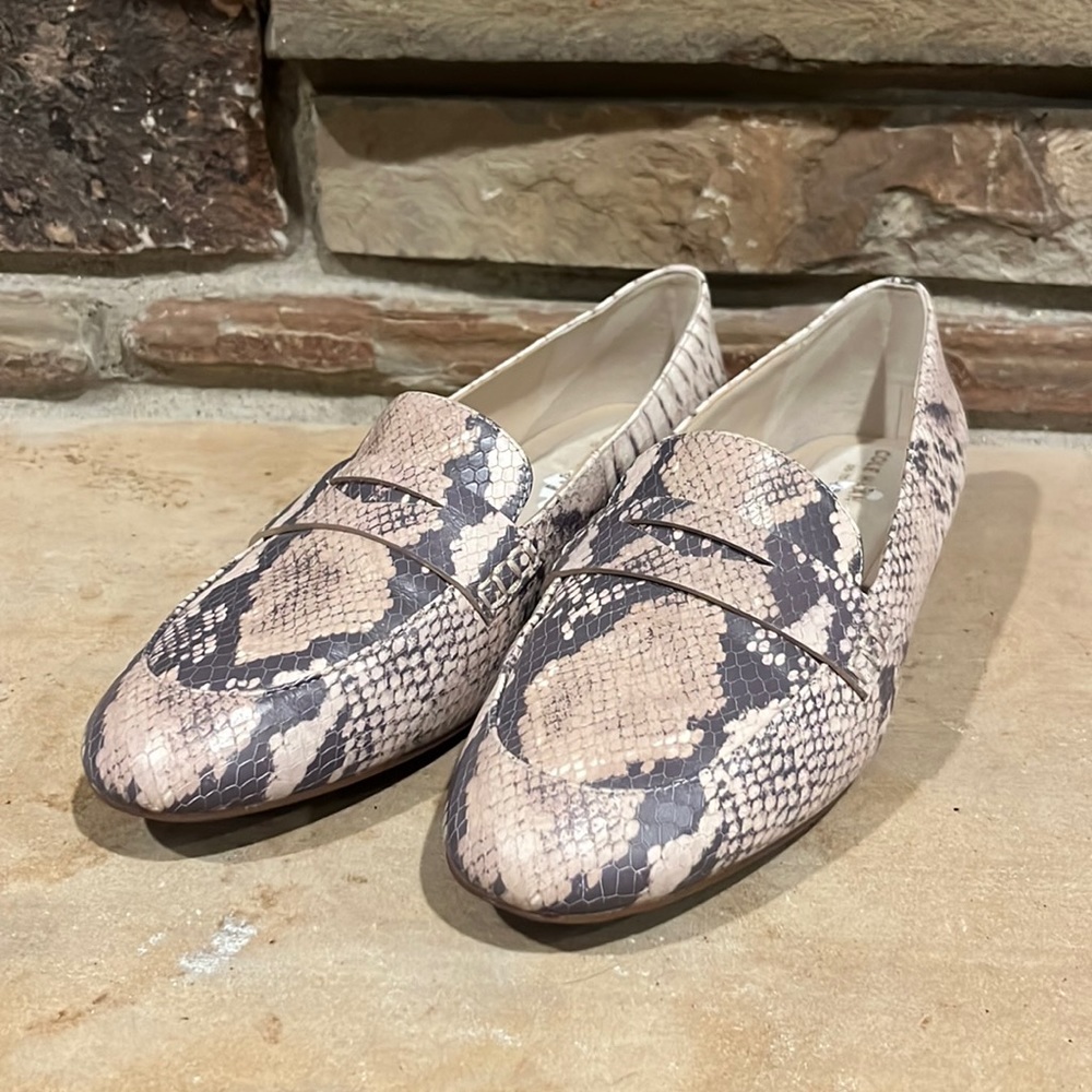 Cole Haan Snake Print Loafers in Beige and Black